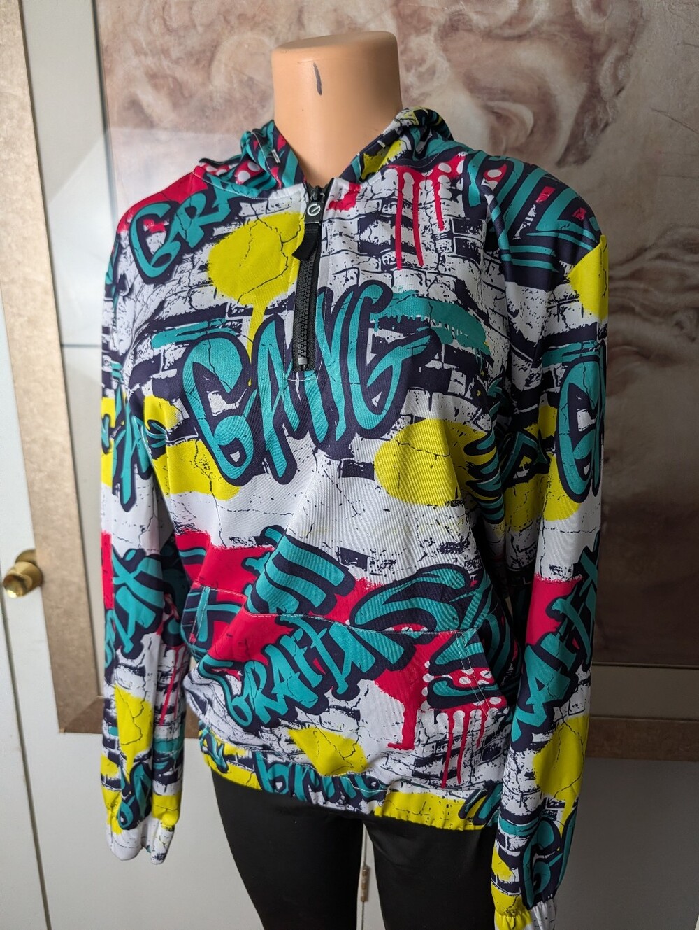 G-Net Streetwear Men's Graffiti Print Quarter-Zip Hoodie Size L